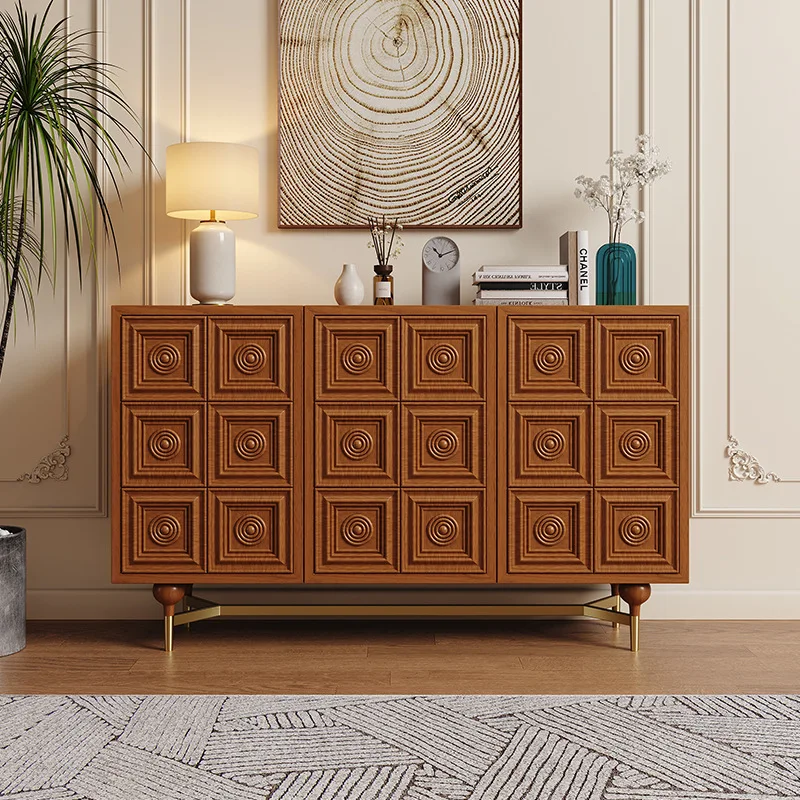 

Medieval solid wood dining side cabinet French retro living room wall storage cabinet old elm wood carving flower