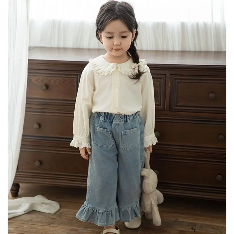 السراويل الفتيات ربيع الخريف بلون الجينز مع أرجل مستقيمة واسعة الساقين الدانتيل الساقين بناطيل كاجوال منتج جديد عصري 2025 #4