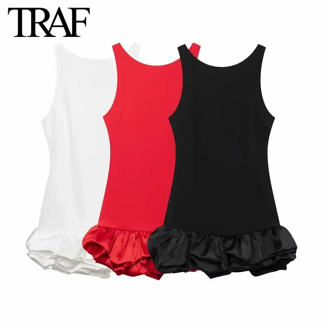 TRAF Women Fashion Summer New Solid Backless Round Neck Sleeveless Fold Back Zip Mini Dress French Chic Female Evening Clothing