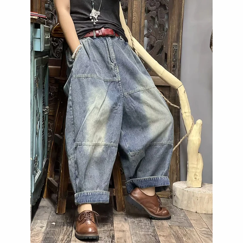 2026 Spring Autumn New Arts Style Women Elastic Waist Cotton Denim Harem Pants All-matched Casual Loose Vintage Blue Jeans LZ135
