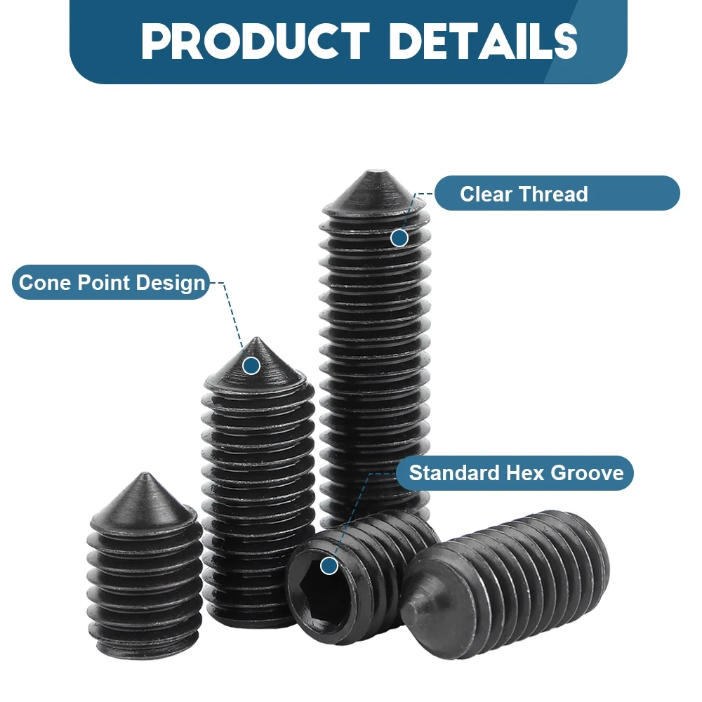 3~50pcs M2 M2.5 M3 M4 M5 M6 M8 M10 Black Carbon Steel Hex Allen Socket Grub Screws Cone Point Set Screw