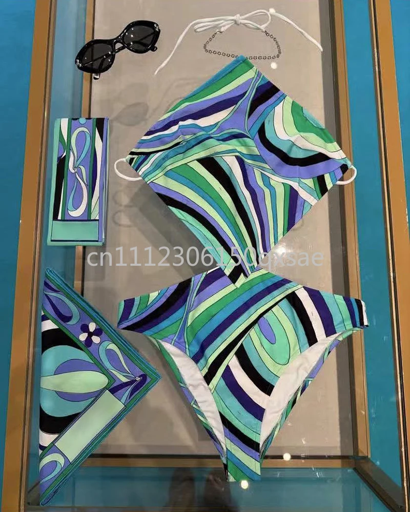 Luxury Design Women's Green Scarf Swimsuits with Letter Signature Logo Designer Brand Lady Sexy Headband Swimsuits Beachwear