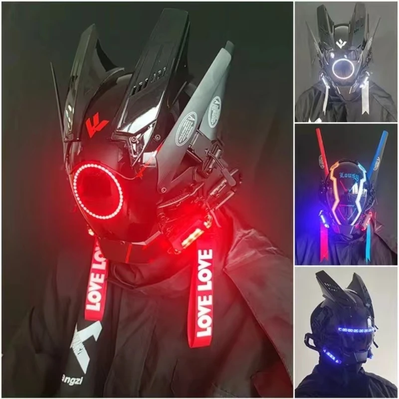 Cyberpunk Mask, Personality, Street Shooting, Tech Props, Cosplay, Luminous Band, Braids, Dark Full Face Mask