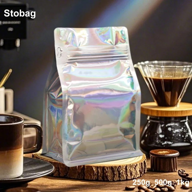 

StoBag 50pcs Laser Coffee Beans Bag Packaging with/No Valve Aluminum Foil Sealed Storage for Powder Nuts Stand Up Reusable Pouch