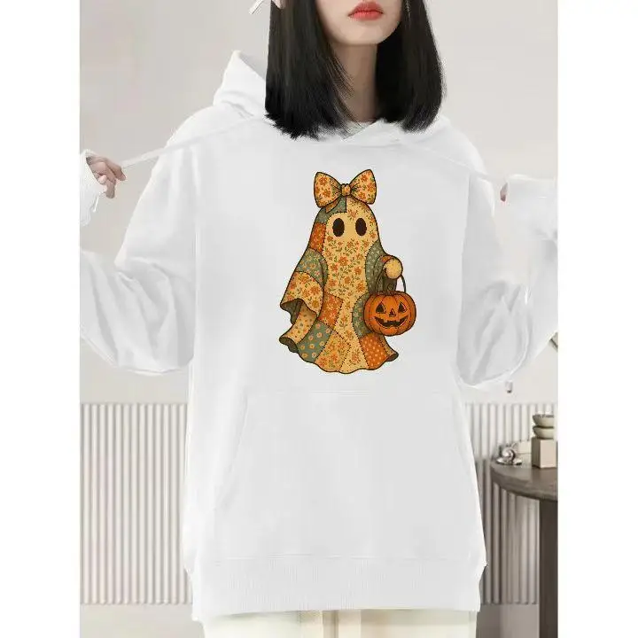 

Halloween Patchwork Ghost Hoodie for Women, Cute Pumpkin Pullover, Fall Seasonal Sweatshirt, Spooky Autumn Jumper