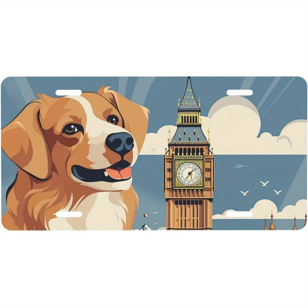 2D Flat British Themed License Plate Frame with Big Ben &Jack Russell Terrier Design-Stylish Car Number Plate,Cool License Pl