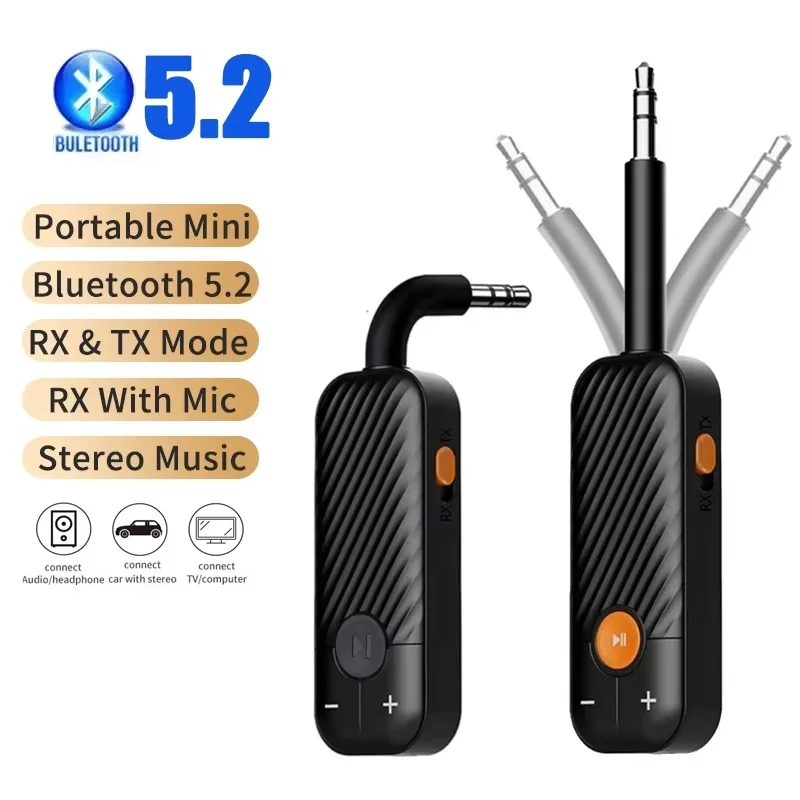 2-In-1 Wireless Bluetooth 5.2 Receiver Transmitter Adapter 3.5mm Jack For PC TV Car Music Audio Aux Earphones Reciever Handsfree
