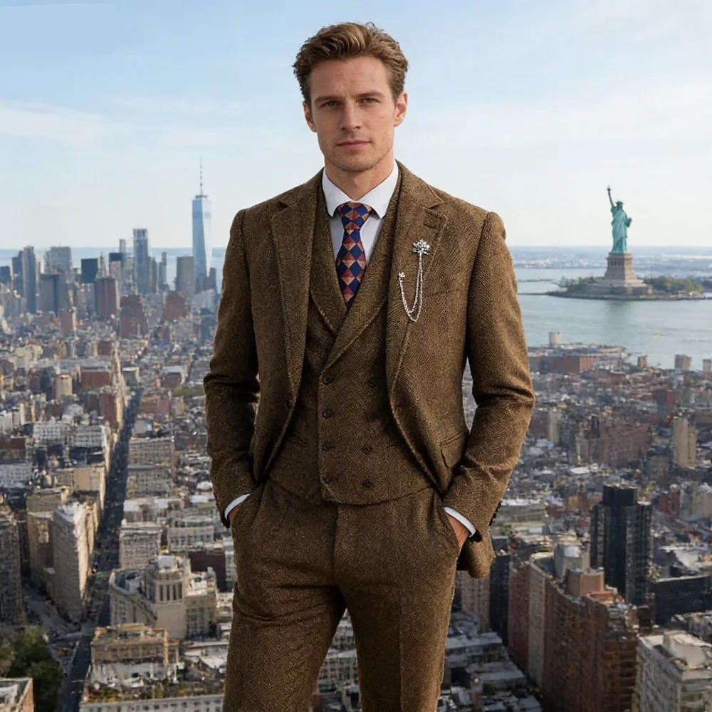 

Men's Tweed Spine Trench Coat Wedding Suit Casual Style 3-Piece Men's Fashion Terno De Espinha Transversal