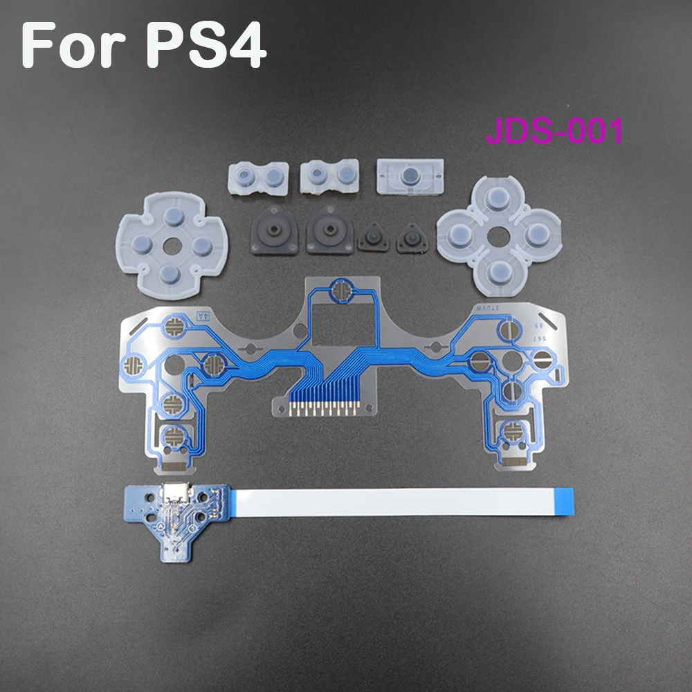1 Juego de almohadillas de botón de goma de silicona de película conductora y placa de puerto de carga Micro USB para controlador PS4 JDS-001 011 030 040 050 055