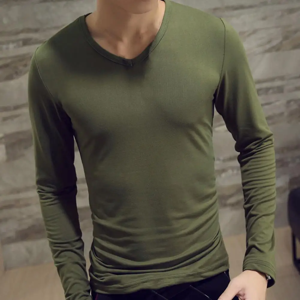 Stylish Male Top Solid Color Breathable Elastic Long Sleeve Slim Male Top