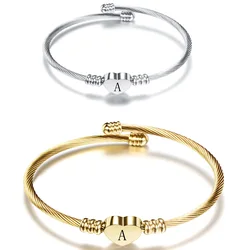 Fashion Initial Letter Stainless Steel Cuff Bracelet For Women 26 Alphabet Heart Charm Bangle Female Birthday Party Jewelry