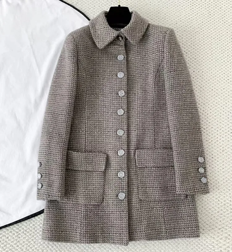 

Customized New Winter styles European American women's clothing Long-sleeved lapel with single-breasted buttons Grey tweed coat