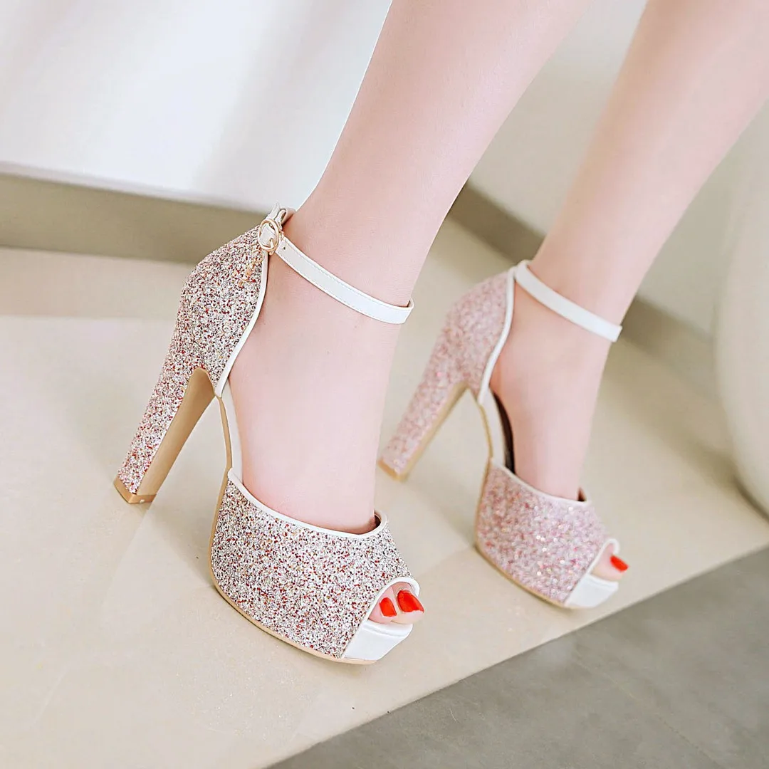 White Wedding Party Women Platform Sandals High Chunky Heels Pink Gold Sequined Cloth Party Office Lady Ankle Strap Summer Shoes view 2