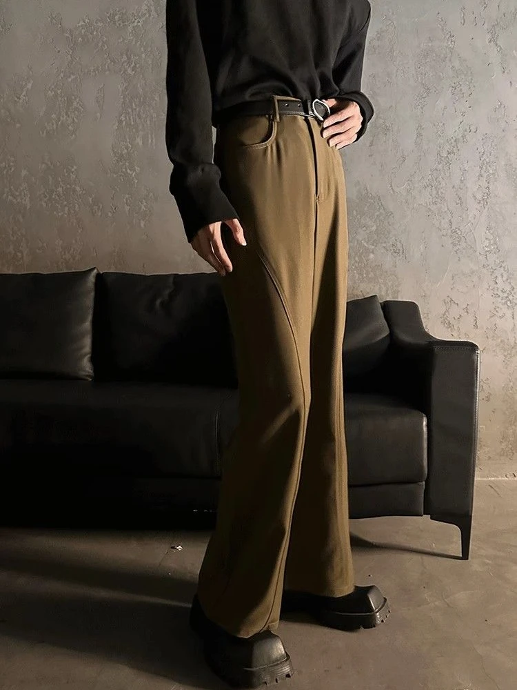 Bell Mouth Vintage Men\'s Summer Pants Brown Fluid Flared Male Suit Trousers Draped Formal Designer Casual Korean Style Clothes