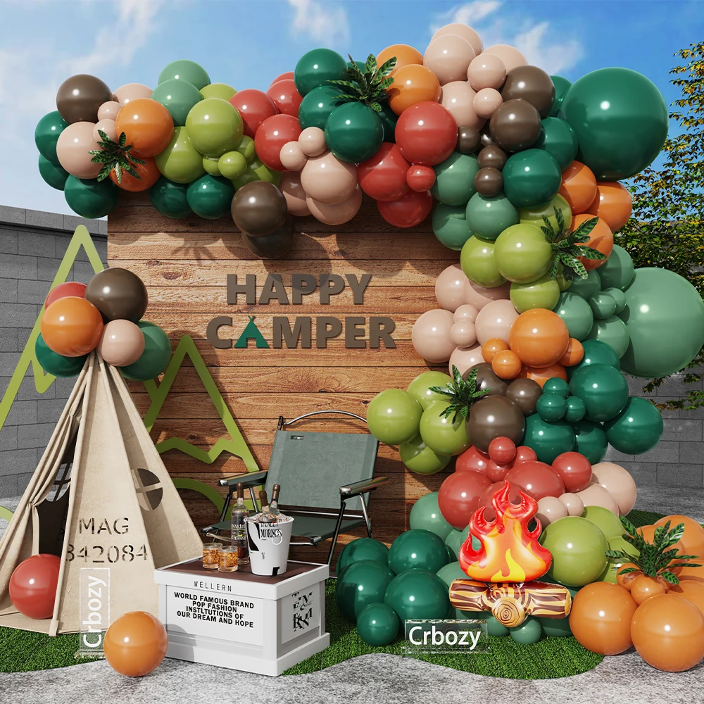 135Pcs Camping Theme Balloon Garland Kit Campfire Foil Balloon Green Brown Orange Balloon Camping Jungle Birthday Party Decor