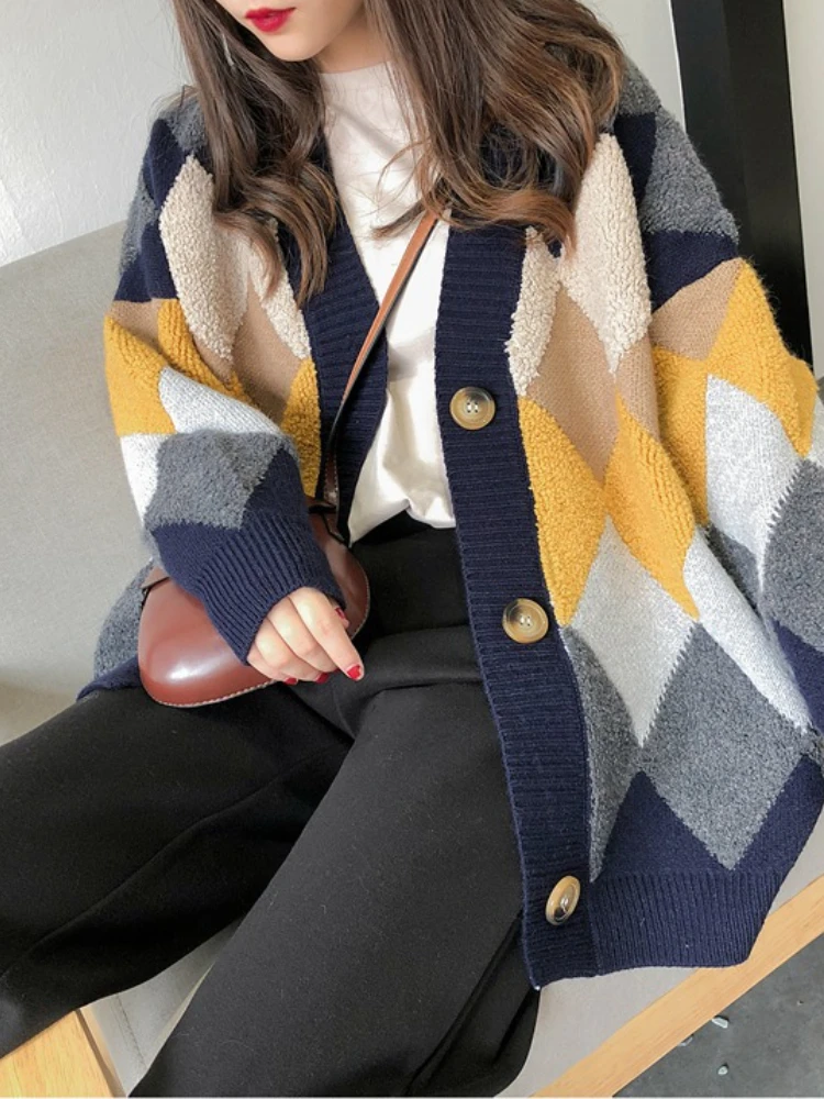 Autumn Korean New Loose Checkered Button Sweaters Winter Woman Warm Sweater Over Sized Street Wear Long Sleeve Plaid Cardigans