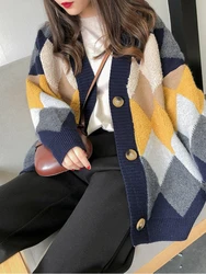 Autunno coreano nuovi maglioni con bottoni a scacchi sciolti inverno donna maglione caldo Over size Street Wear cardigan scozzese a maniche lunghe