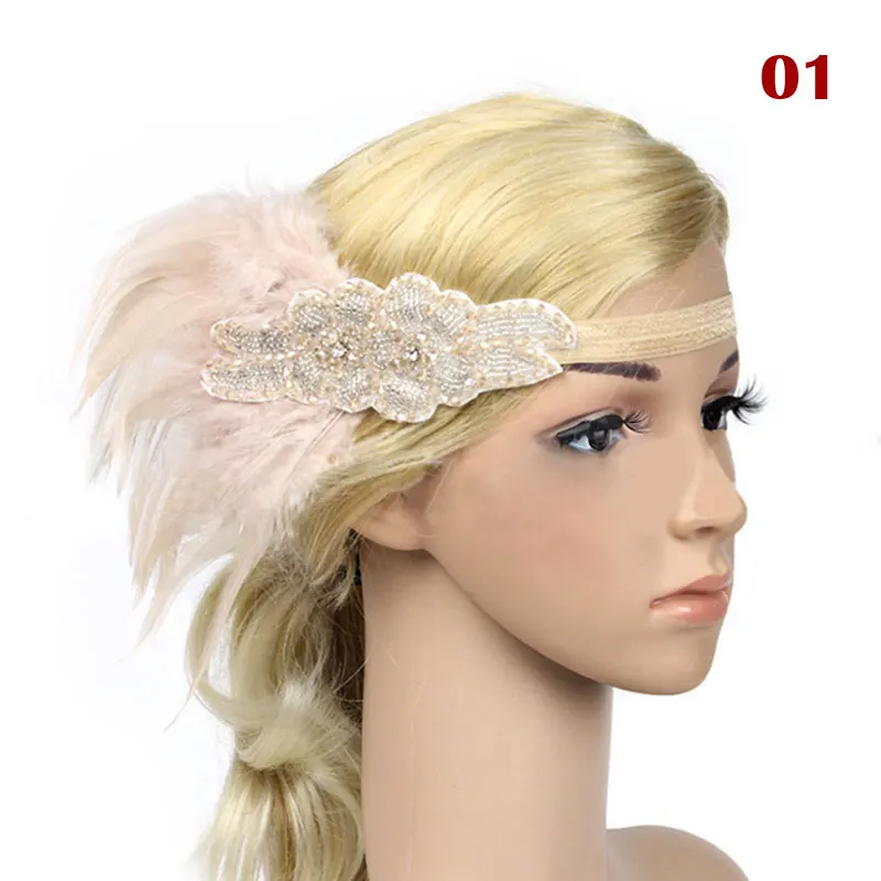 Vintage Woman Elastic Feather Headband Girls Black Rhinestone Sequin Party Headpiece Beaded Flapper Hair Feather Headband