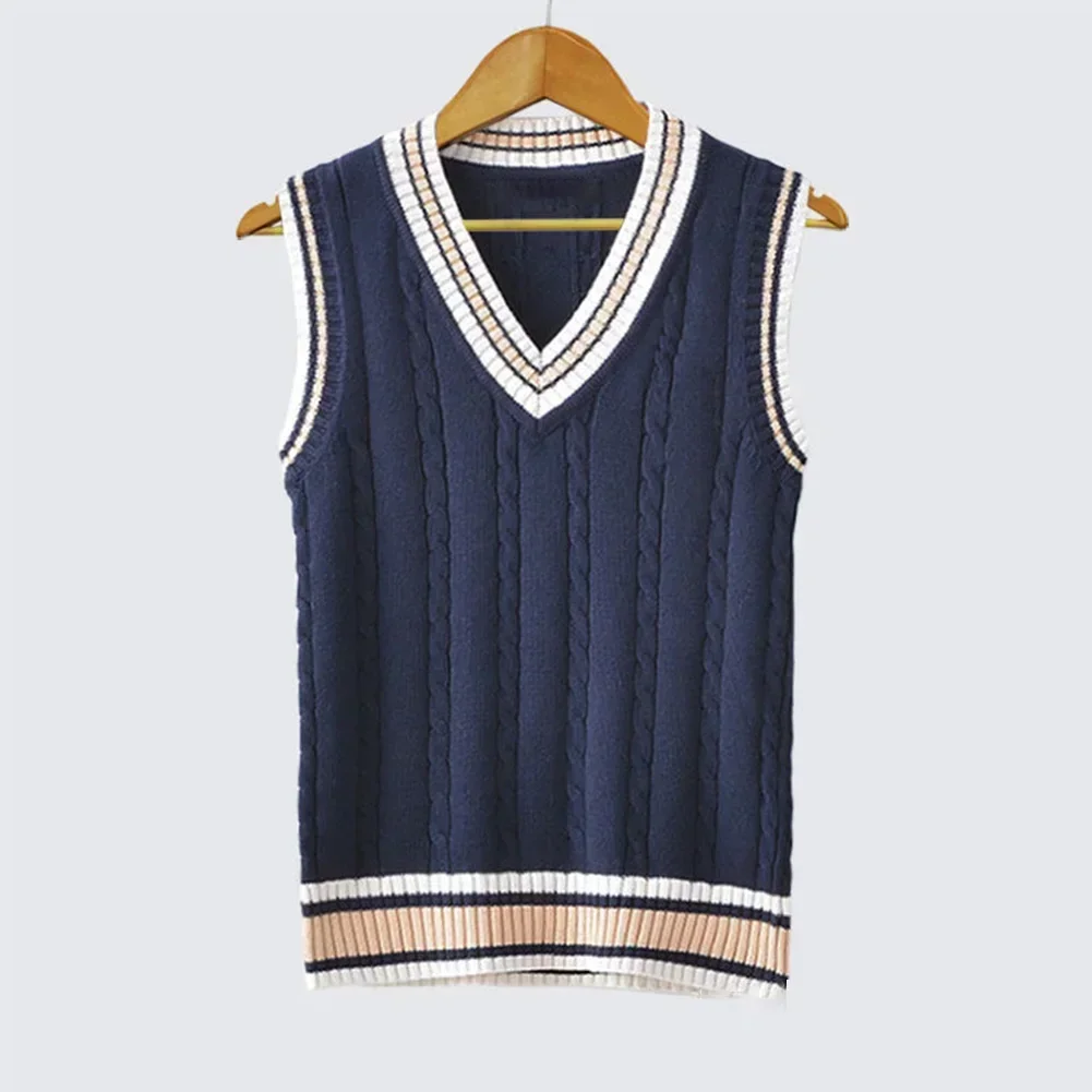 Mens Fashion Thick V Neck Sleeveless Vest Sweater School Uniform Knitting Tops Cotton Blend Beige Blue White Red Grey