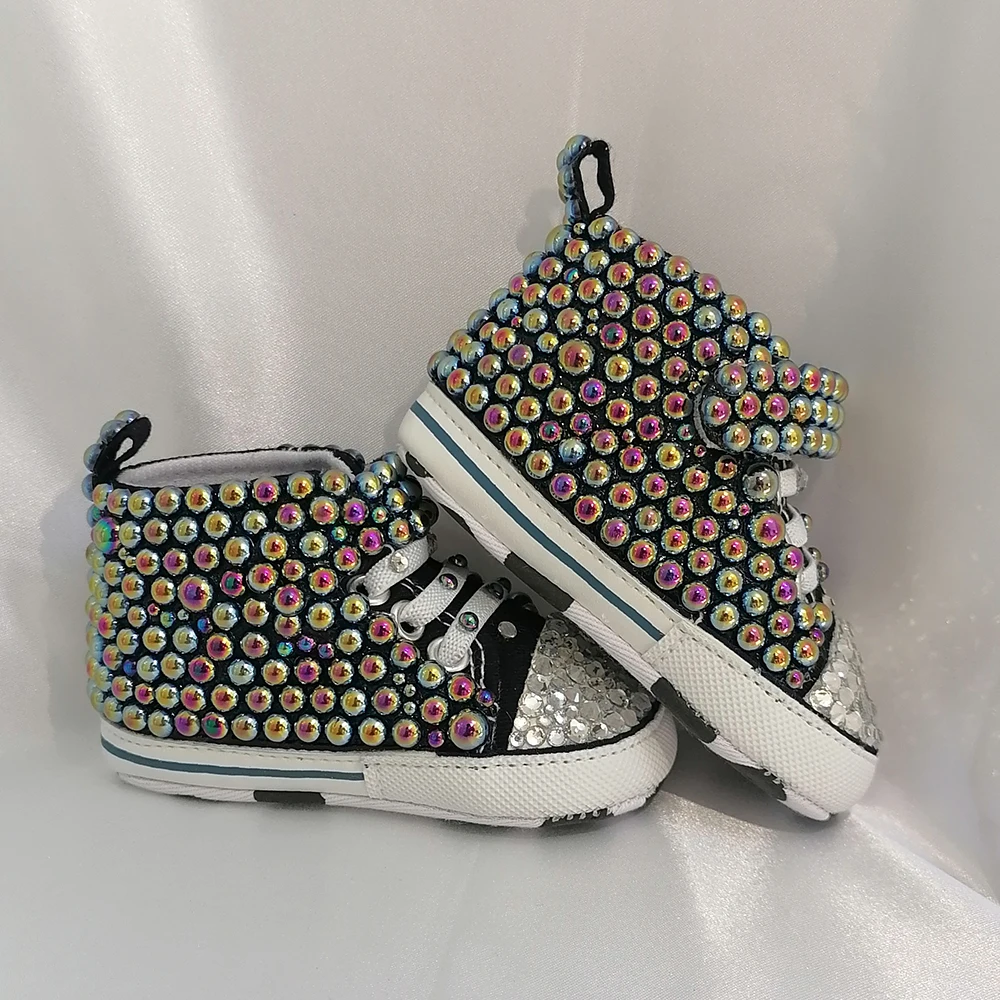 Handmade Bow Pearl Rhinestones Baby Girls Boys Shoes First Walker Sparkle Christmas Mermaid Crystals Princess Shoes Shower