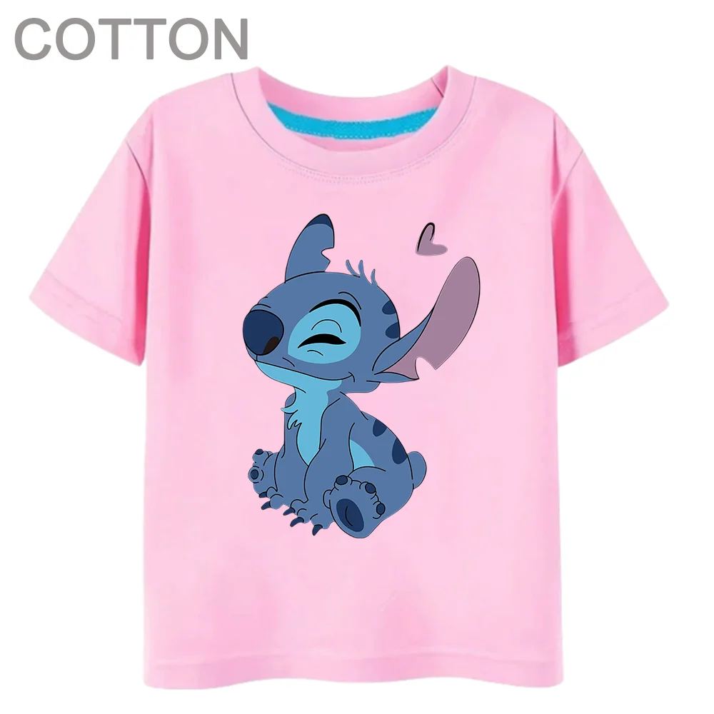 Summer Kawaii Stitch Anime Girls Cotton  Children's Multiple Cartoon T-shirts Round Neck Casual Short Sleeve Print Pattern Boy