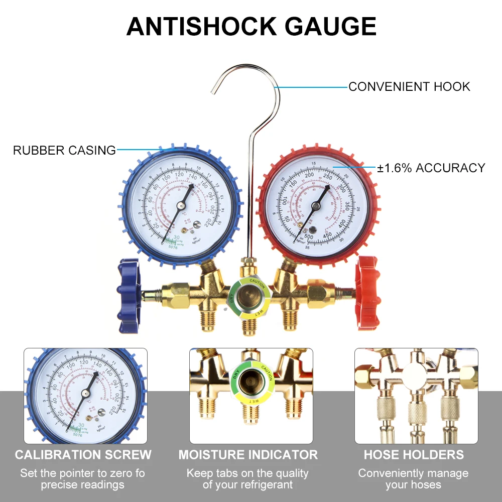 Manifold Gauge Set HVAC A/C Refrigeration Charging Service with Hoses Adjustable Couplers Adapter Can Tap R410A R22 R134a R404A