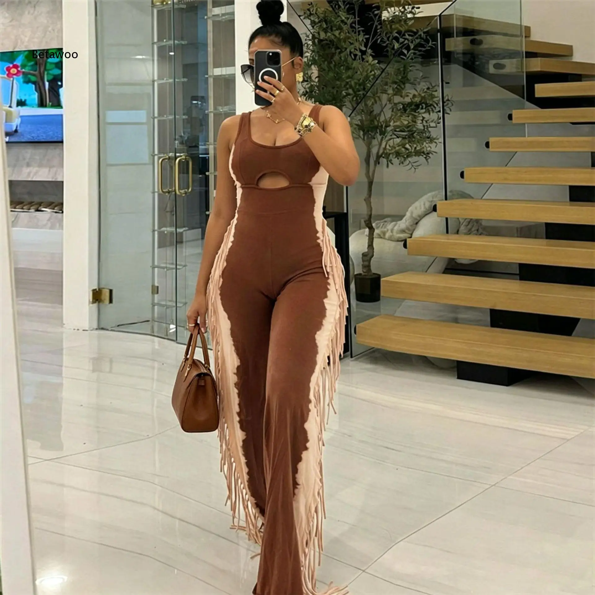 Spaghetti Strap Hollow Out Waist Jumpsuit Side Long Fringe Contrast Color Stretch Wide Flare Leg One Piece Outfit