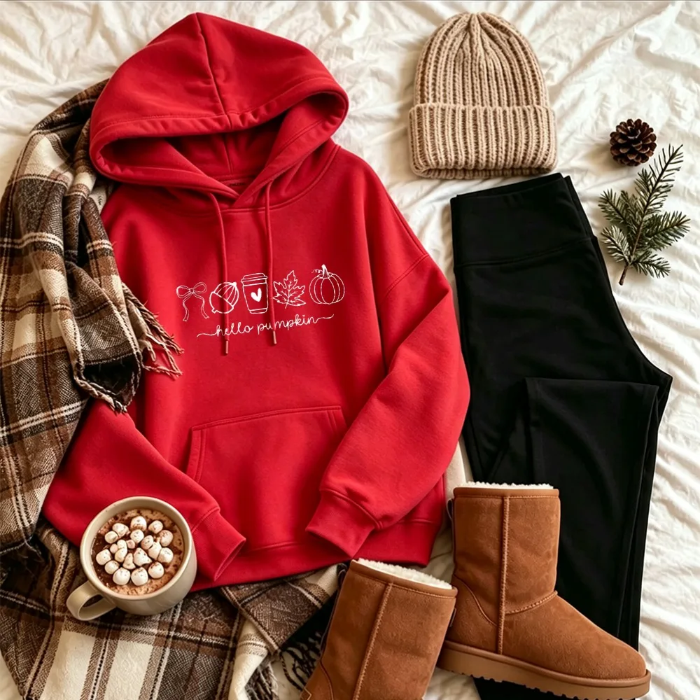 Hello Pumpkin Line Art Pullover Cute Bow Acorn Coffee Cup Maple Leaf Pumpkin Sketch Print Casual Soft Autumn Season Daily Tops