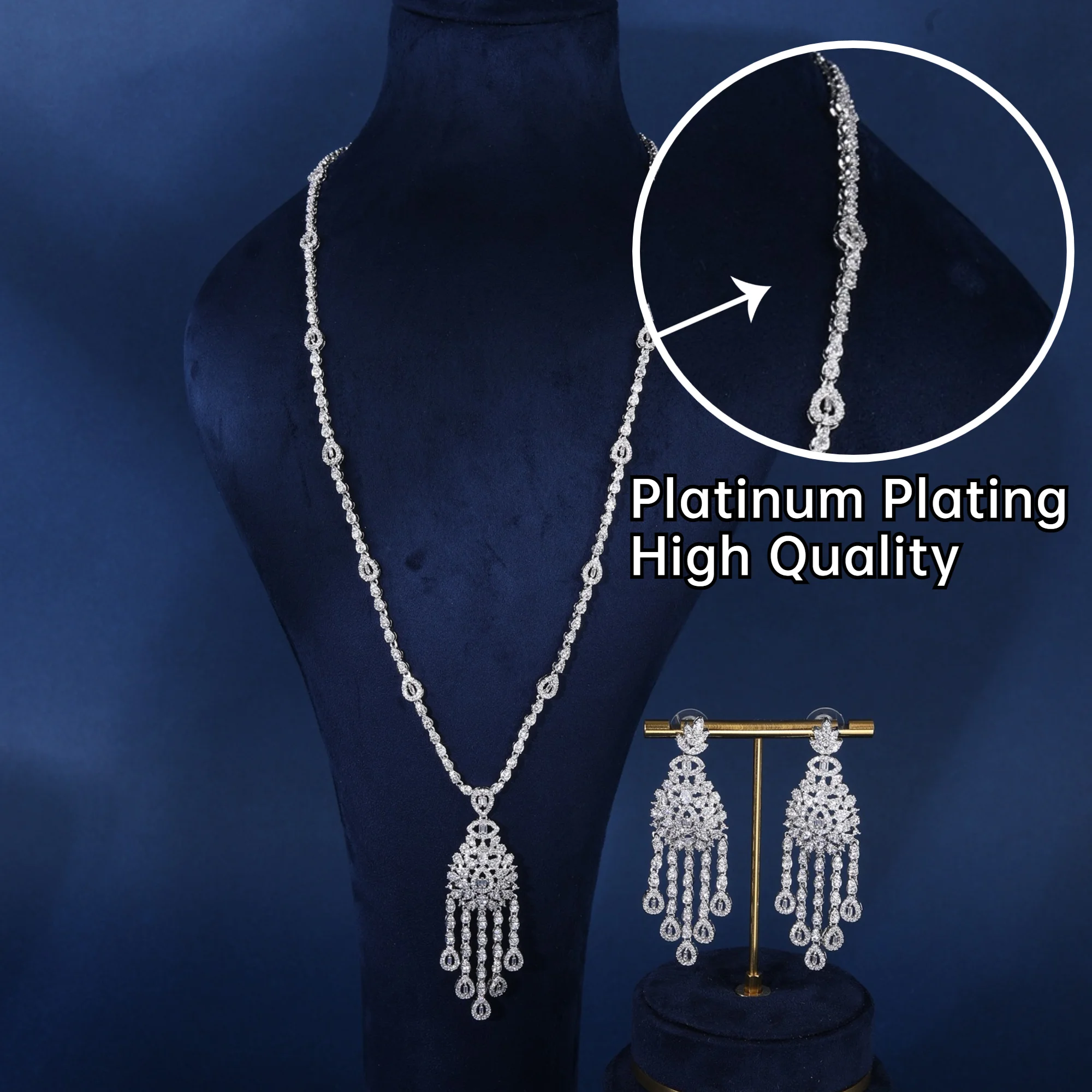 Luxury Anniversary 2PCS Long Sweater Chain Necklace Earring Sets For Women Bridal Wedding Cubic Zirconia Dubai Party Jewelry