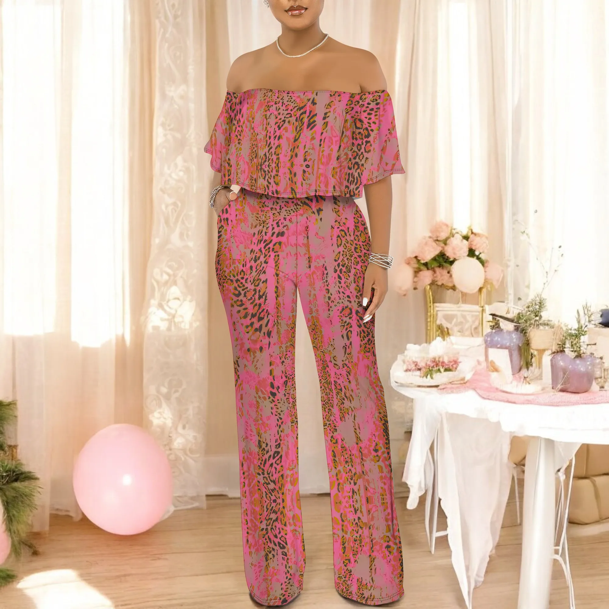 

Women's Blue Tropical Jumpsuit with Pockets 100% Polyester Straight Beach Summer Stylish Fit