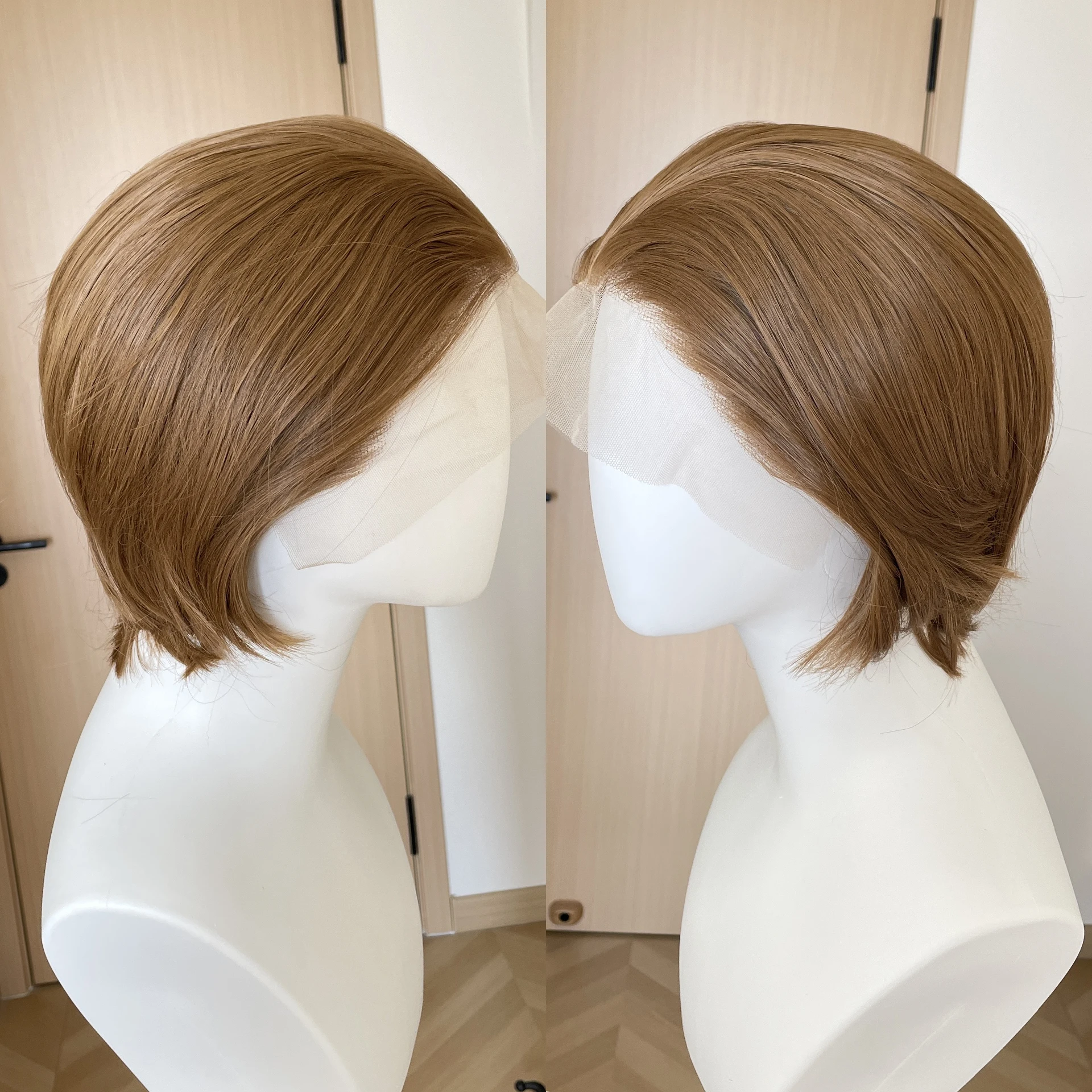 ダークハニーブラウンのコスプレウィッグ（男性用）、ショートボブの合成13x4レースフロントウィッグ（女性用）、接着剤不要のハーフハンドタイド、ファッショナブルでナチュラル