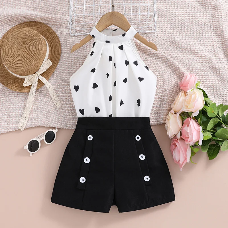 2024 New Summer Child Sleeveless Print Heart Tops Black Shorts 2 Piece Sets Designer Boys Clothes Sets 4-12T