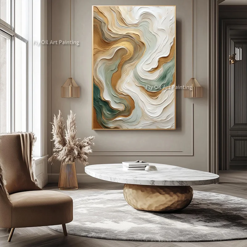 Hand Painted Impasto Gold Green Swirl Oil Painting, Textured Marble Style Canvas Wall Art, Luxury Living Room Decor