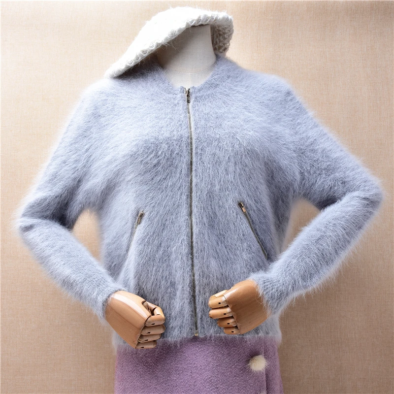 

Ladies Women Fall Winter Clothing Grey Zippers Hairy Angora Rabbit Hair Knitted Long Sleeves Slim Cardigans Sweater Coat Pull