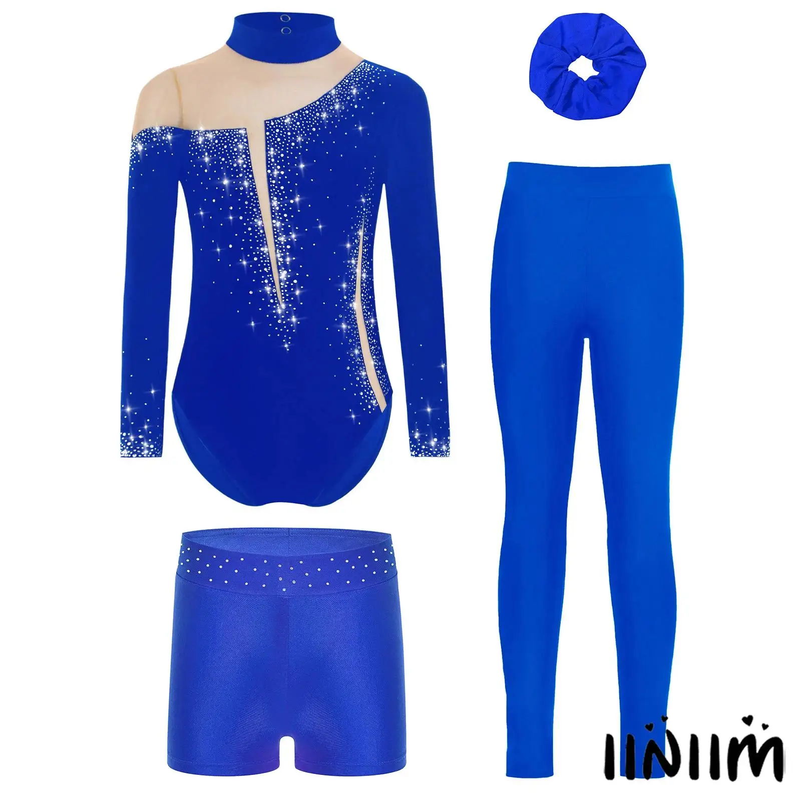 

4Pcs Girls Gymnastics Ballet Dance Outfit Long Sleeve Keyhole Back Patchwork Ballet Leotard with Shorts Leggings And Hairband