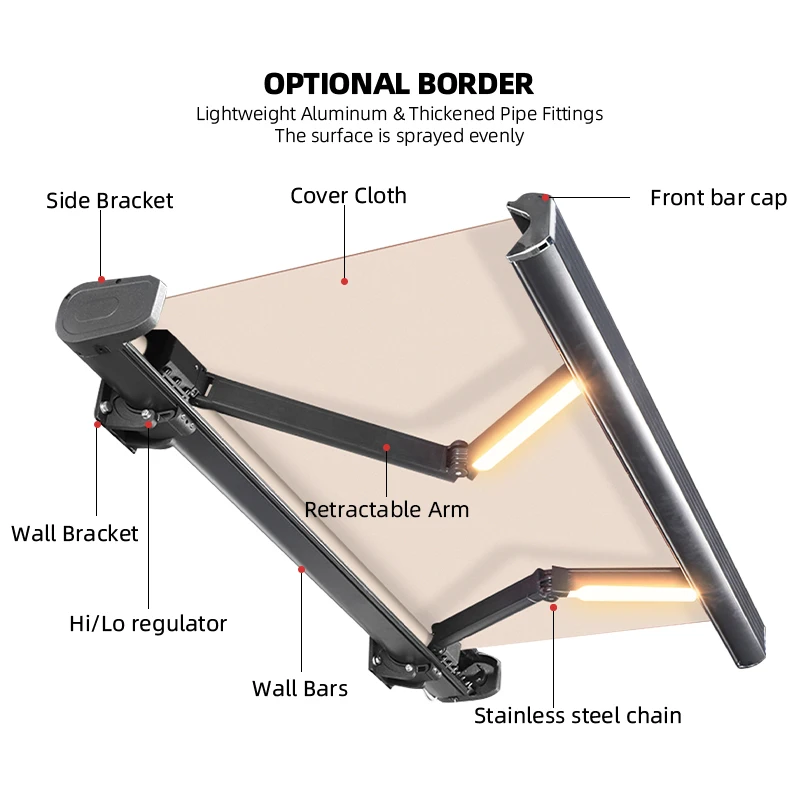 Luxury Aluminum Motorized Waterproof Wall Mount Awning with Remote Control for Balcony and Patio on Wire Cable