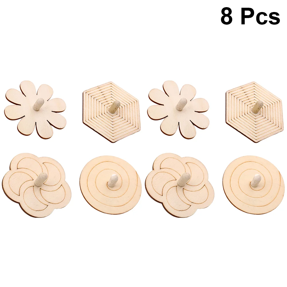 8pcs Unfinished Wooden Tops Toy Diy Painting Gyroscope Plaything Hand Peg-top Gifts Props For Kids Children (Flower, Hexagonal,