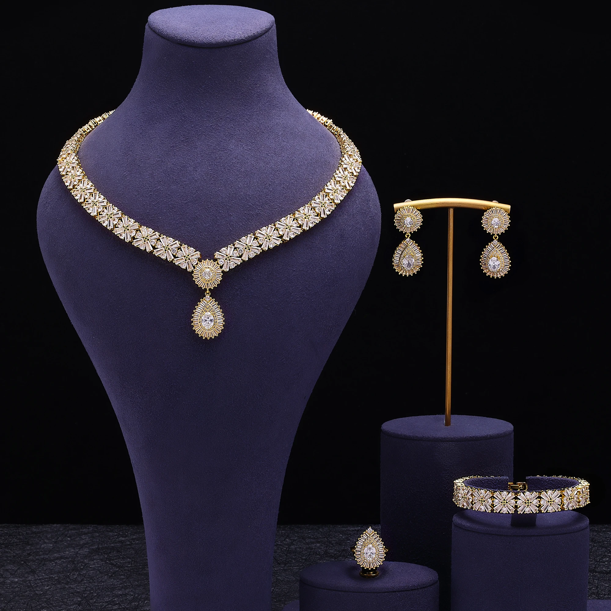 Popular Water Drop Bridal Jewelry Sets For Women Gold Plated CZ Zircon 4pcs Necklace Earring Sets Dubai Wedding Jewelry