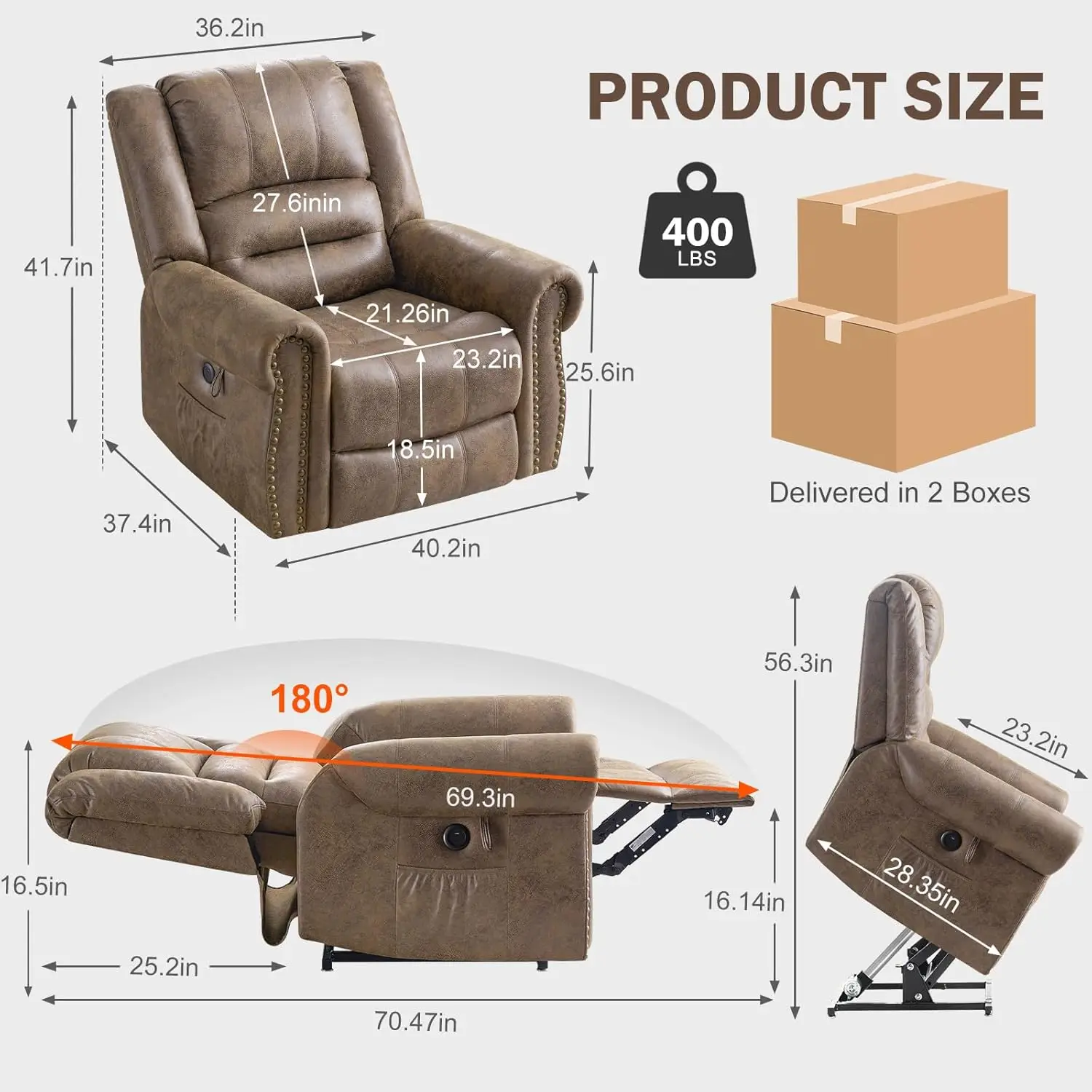 Lay Flat Dual Motor Power Lift Recliner Chair With Massage And Heat For Elderly, Breathable Leather Overstuffed Lift Chairs,