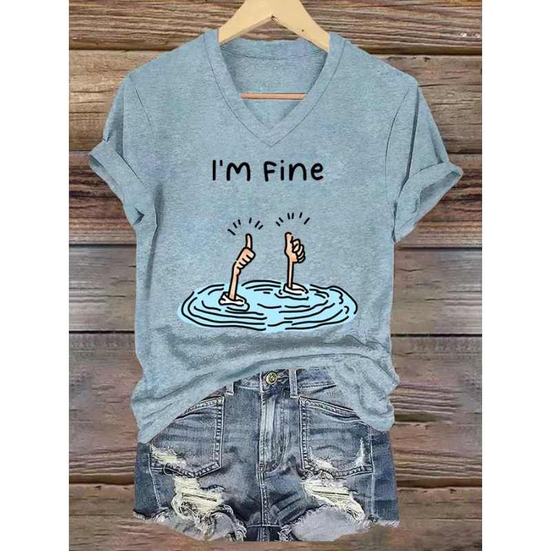 ilstile Women's Letter Print T-Shirts Summer Short Sleeve Casual Loose T Shirt V Neck Tops Tees White Blue Hot Sale