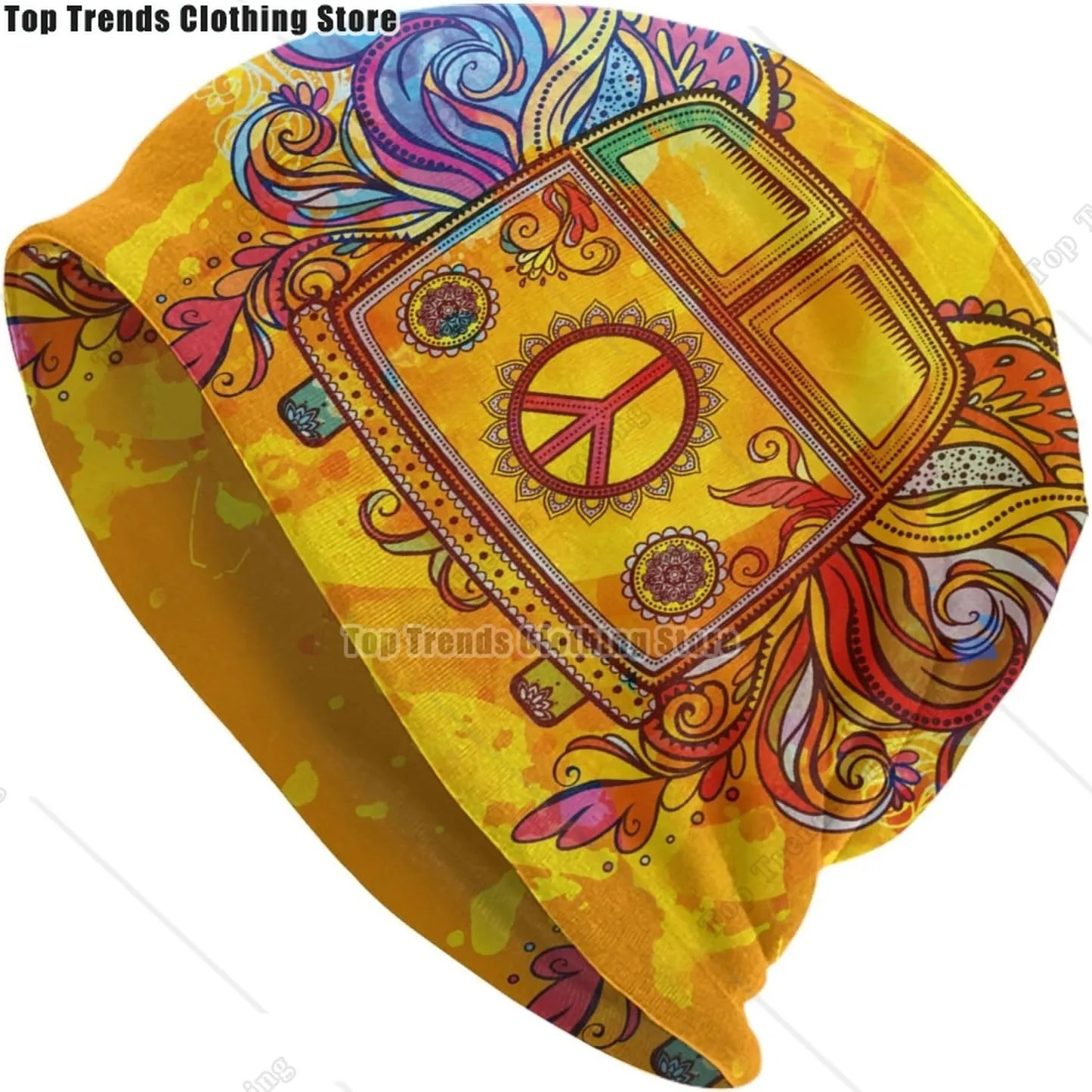

Hippie Vintage Truck Peace Beanie for Women Men Knitted Beanies Hat Casual Chemo Cap Cancer Headwear Gifts
