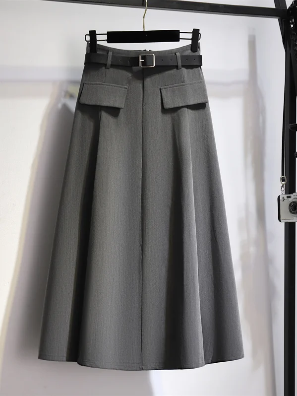 Gray Suit Style Pleated Skirt Elastic Waist A-Line Midi Skirt Spring Summer New Style Korean Style Casual Slimming Skirt image 3