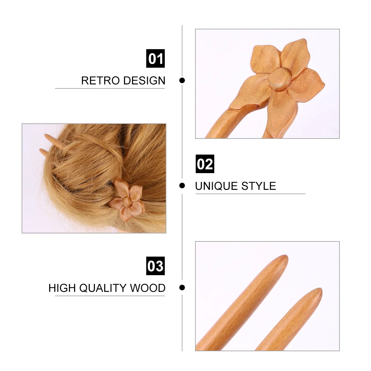 دبوس شعر خشبي على الطراز العتيق، عصا كلاسيكية متينة على شكل حرف U للنساء، إكسسوارات شعر أنيقة، مخلب شعر #2