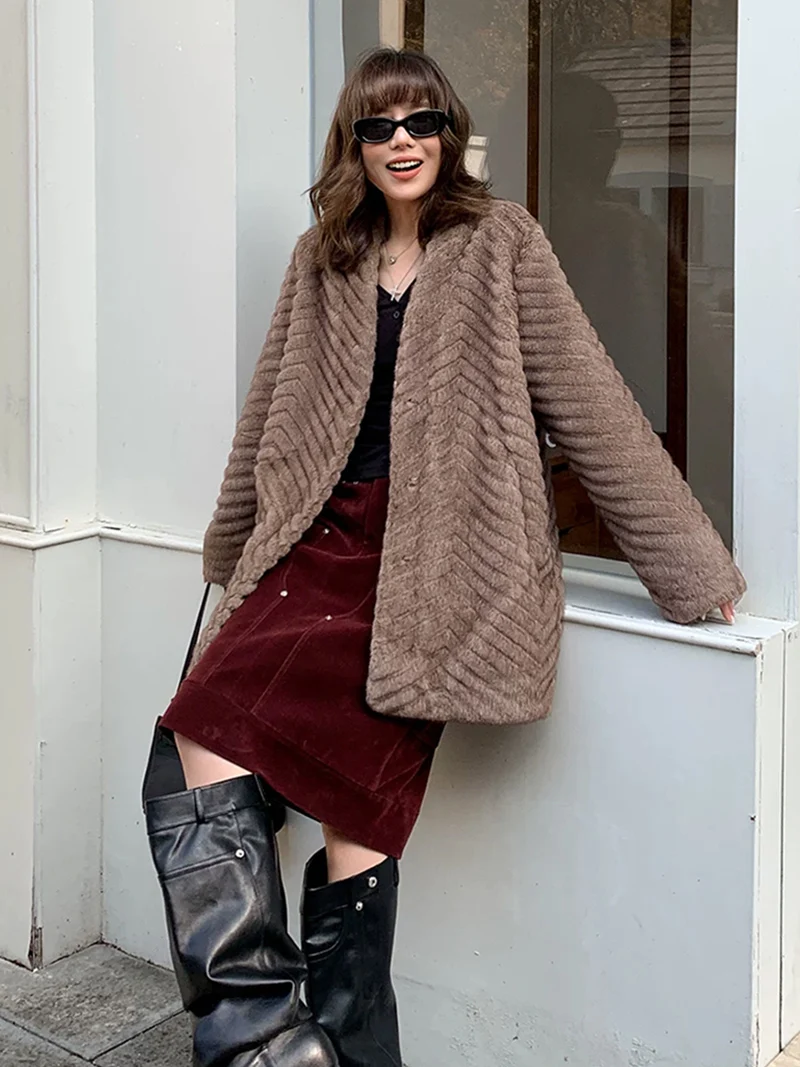 ZADORIN Chic Women Faux Mink Fur Coat Mid Long V-Neck Herringbone Furry Fur Jacket Plush Outerwear Elegant Winter Clothes Woman