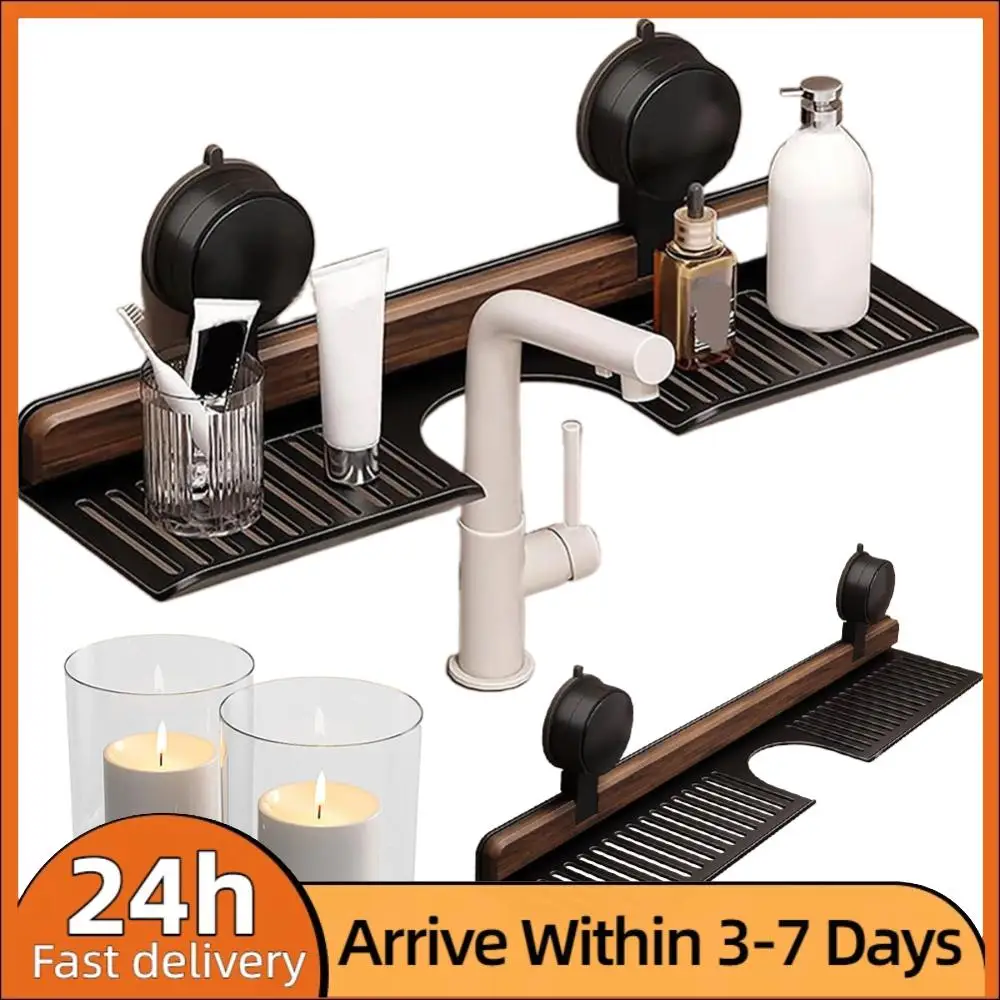 

Walnut Suction Cup Bathroom Shelf No Drilling Faucet Organizer Rack Over Faucet Sink Rack for Bathroom