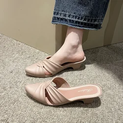 2025 New Summer Elegant Women Fashion Pointed Toe Half Slippers Woman Comfortable Mid Heel Casual Sandals Lady Office Shoes