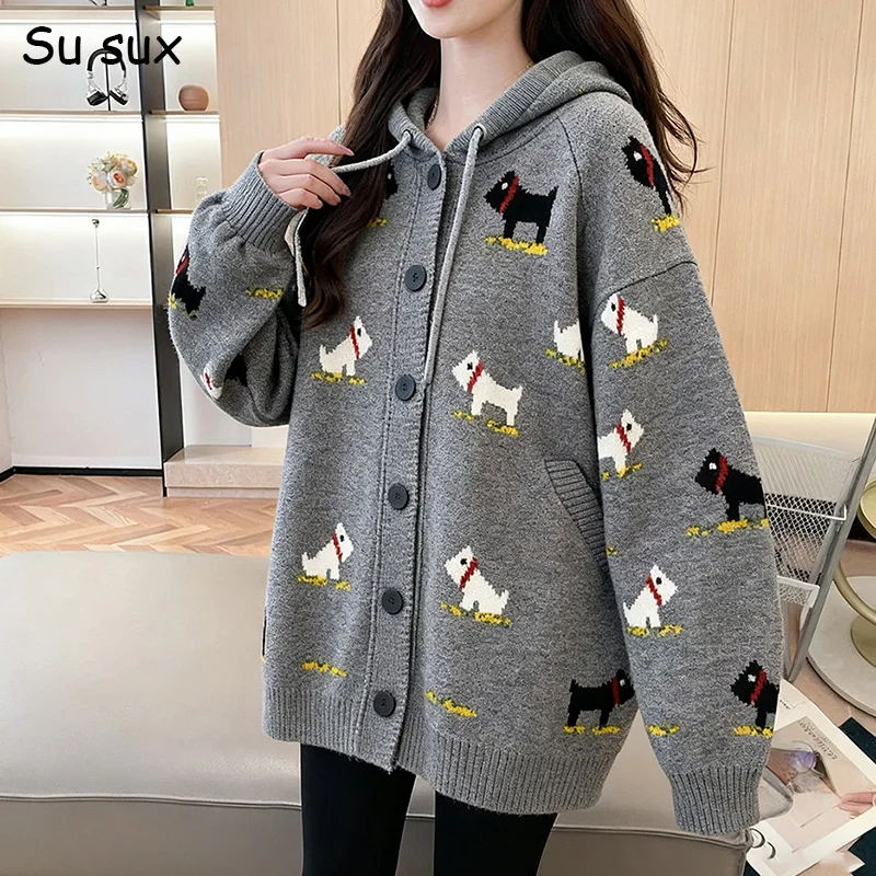 

Cute Dog Knitted Oversized Hooded Sweater Woman Tops Y2k Clothes Casual Loose Knitwear Bust134cm Japanese Korean Fashion Outwear