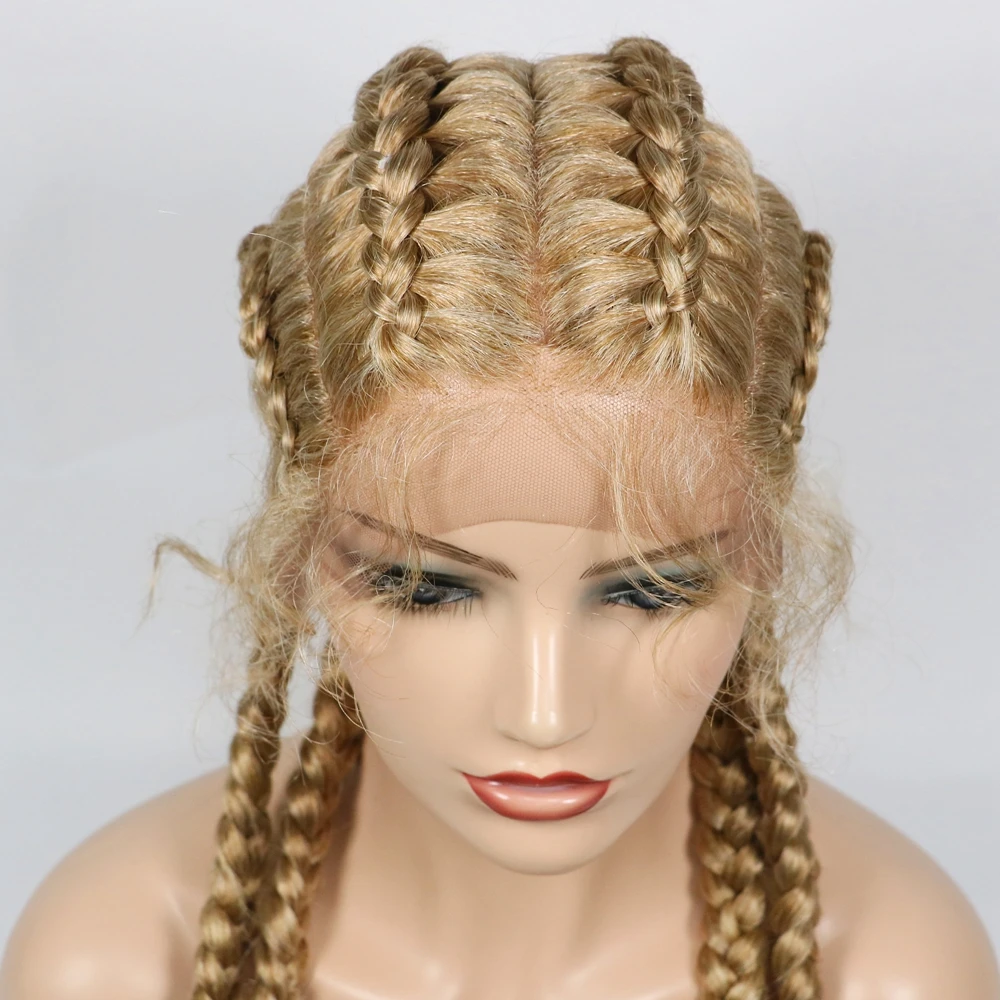 Peluca trenzada rubia para mujer, postizo Extra largo con malla frontal, doble pelo holandés con pelo de bebé, resistente al calor