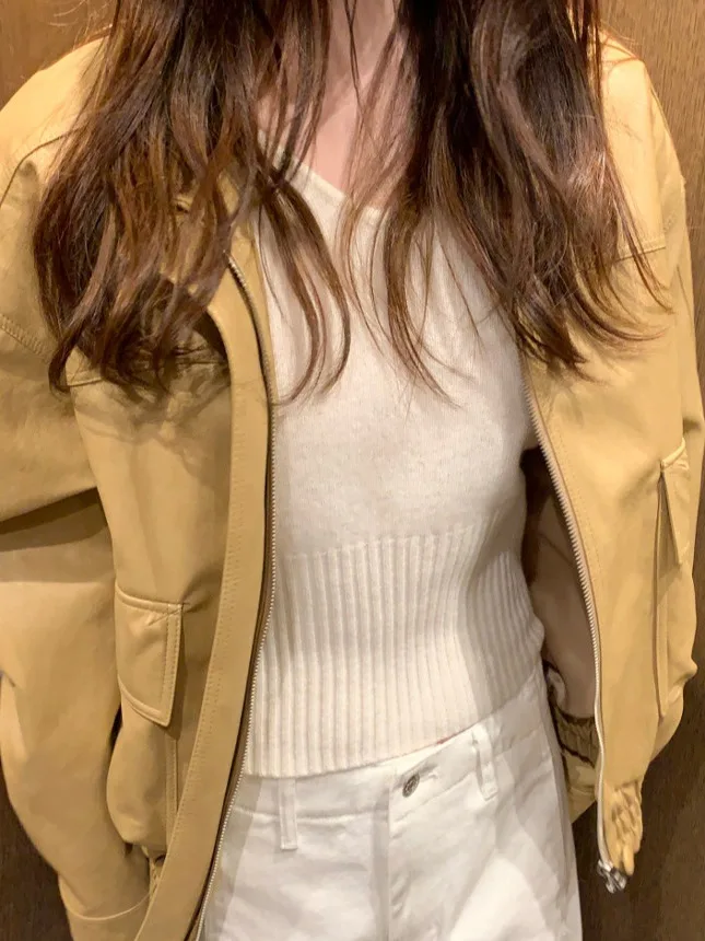 Retro Patchwork PU Leather Jaet Women's ort Sle Bla Faionable Spring 2025 Commute Wind Loose Fit Long Sve Zipper