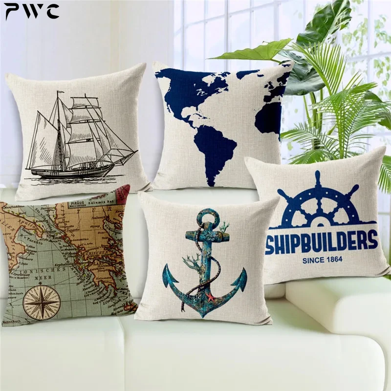 

Dropship Ocean Series Vintage Anchors Cushion Covers World Map Garden Small Linen Promotion Home Decoration Throw Pillow